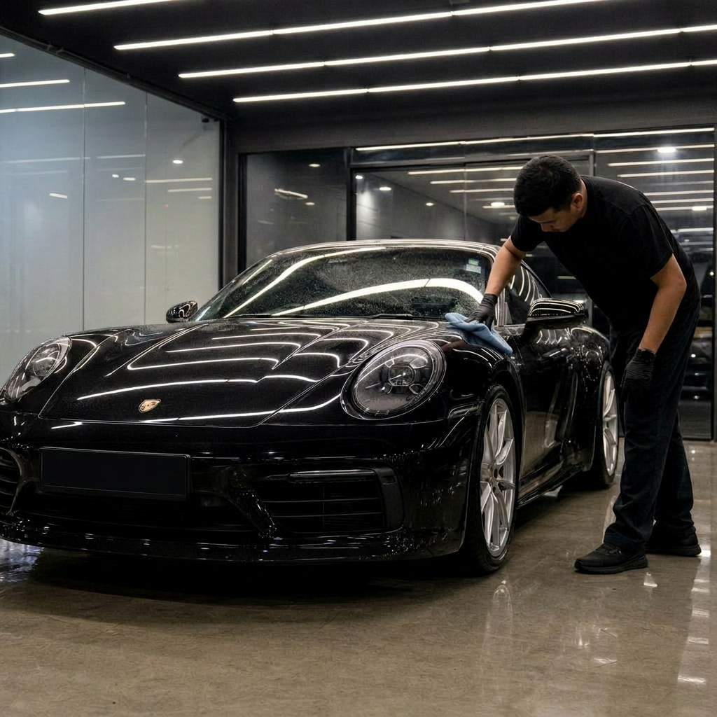 Luxury vehicle being professionally detailed